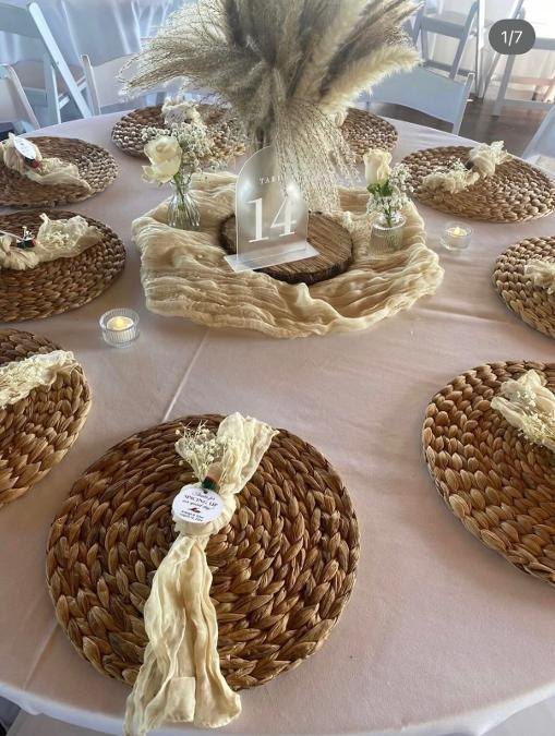 Rustic woven chargers and pampas grass centerpiece